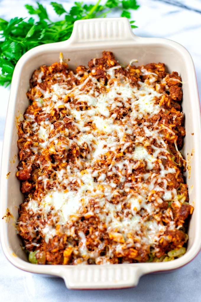 The Cabbage Roll Casserole after baking, views from the side.