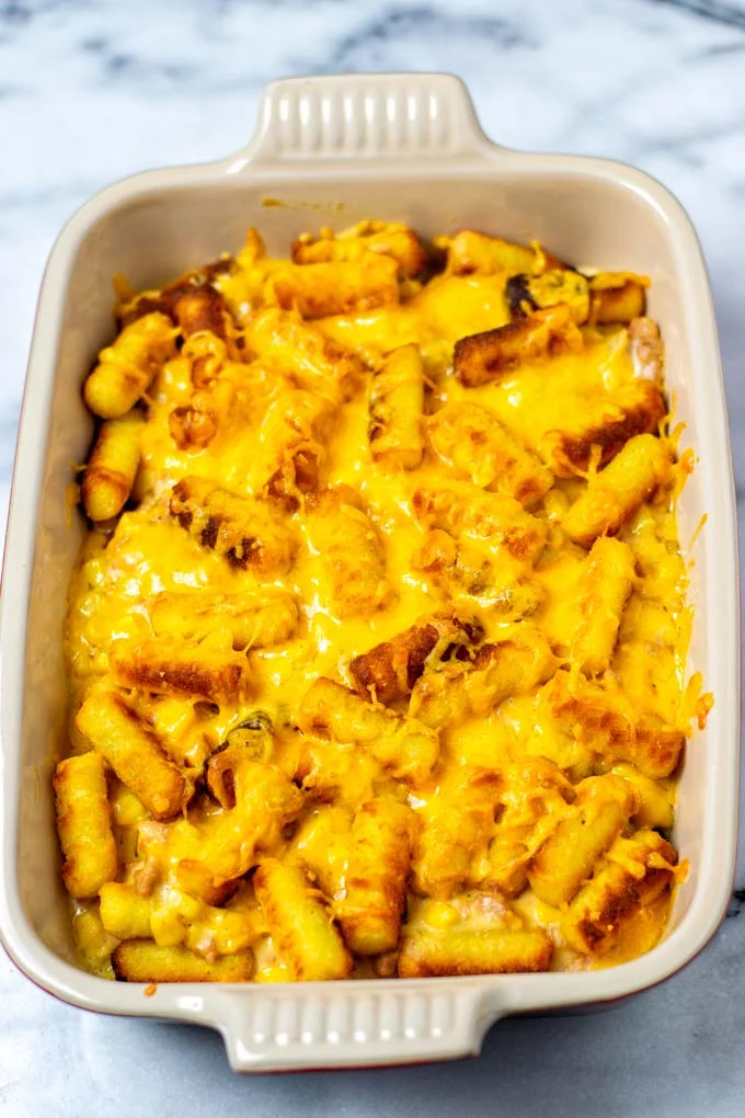 The Cowboy Casserole in a baking dish taken out of the oven.