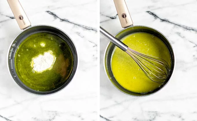 Combining butter and flour for the white sauce base in a saucepan. 