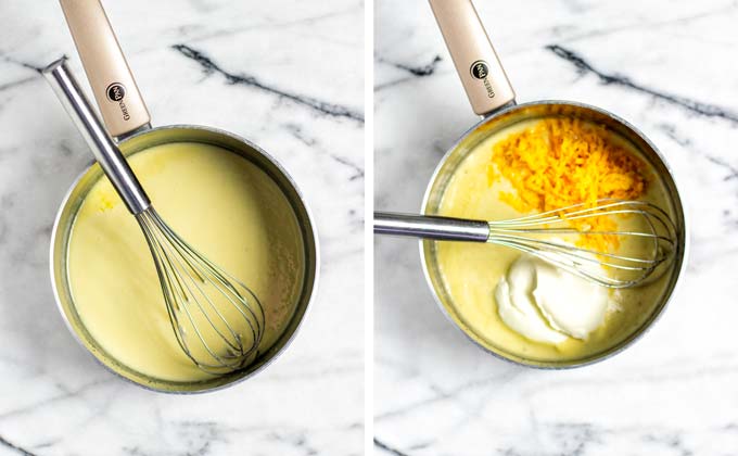 Adding sour cream and cheddar to the white sauce base in a saucepan.