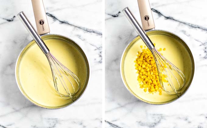 Mixing in corn into the white sauce.