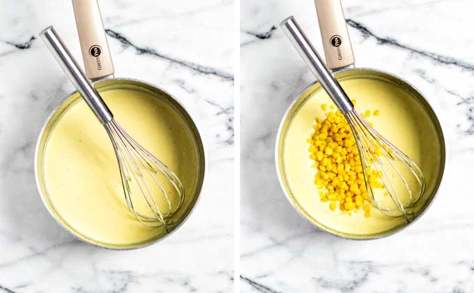 Mixing in corn into the white sauce.