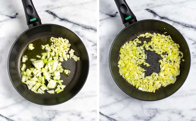 In a frying pan, diced onions are sauteed.