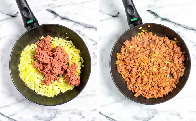Showing how vegan ground beef is added to the onion mixture in the frying pan.