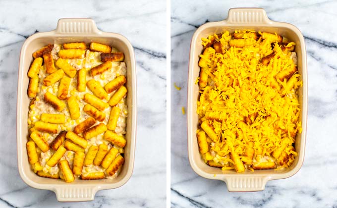 Top view on the casserole dish with the layered Cowboy Casserole topped with shredded vegan cheddar.