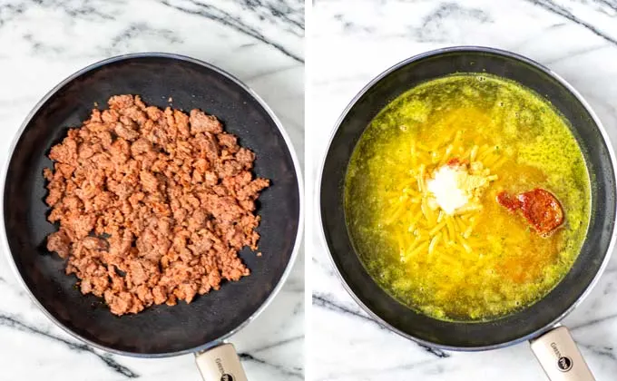 Vegan ground beef is fried in a large frying pan.