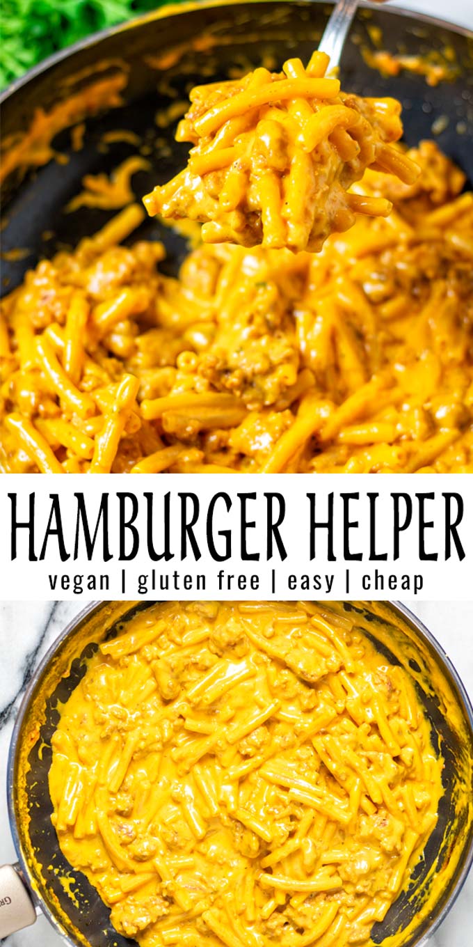 Collage of two pictures of the Hamburger Helper with recipe title text.
