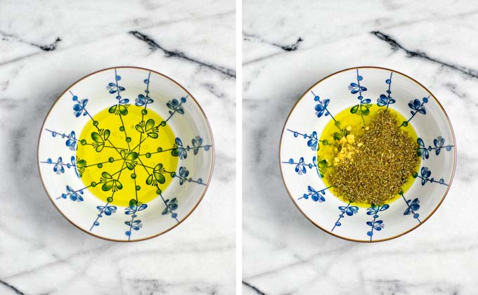 Showing a large bowl with the first steps of making the dressing: combining oil, herbs.