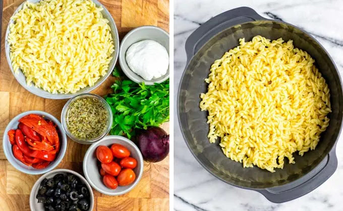 Ingredients for the Italian Pasta Salad arranged on a wooden board.