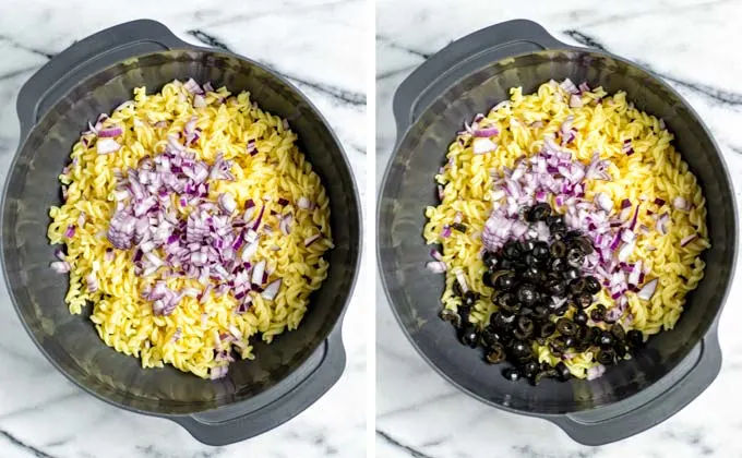 Showing the mixing of precooked pasta, olives, and diced onions in a large bowl.