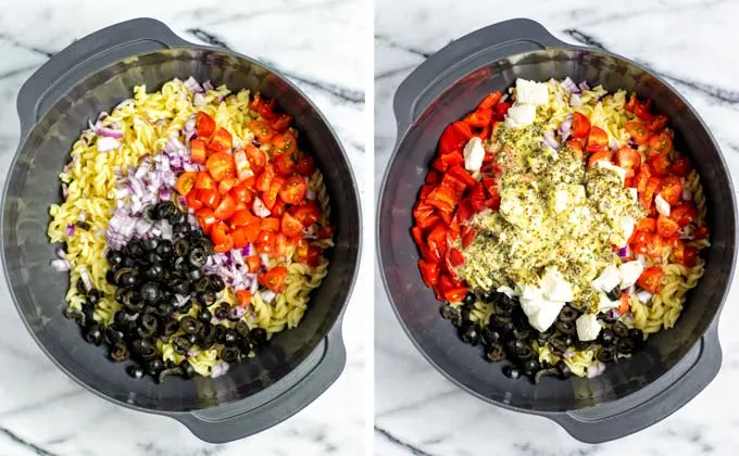 Shows the addition of tomatoes and paprika to the large bowl.