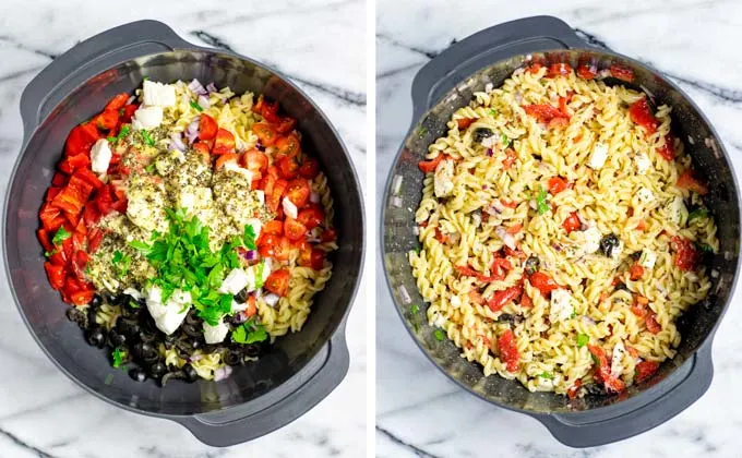 Showing how vegan mozzarella and fresh parsley is mixed with the rest in the large bowl. 