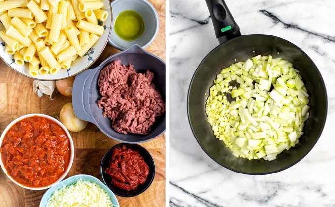 Ingredients for the Pasta Al Forno collected on a wooden board.