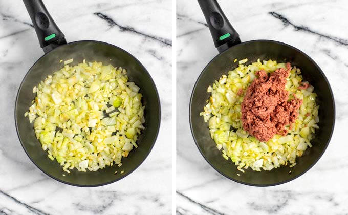 Diced onions and vegan ground beef are fried in a frying pan.