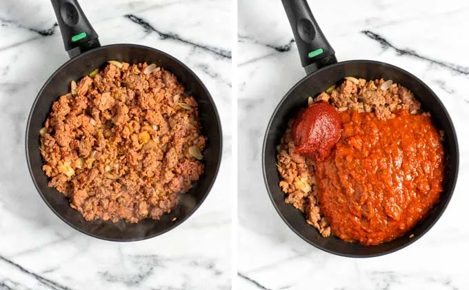 Showing the mixing of the fried vegan ground beef with marinara and tomato paste.