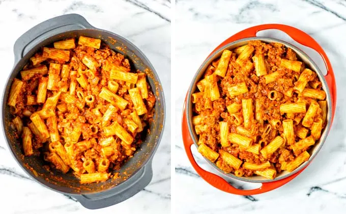 Tomato-beef-pasta mix is transferred to a casserole dish.