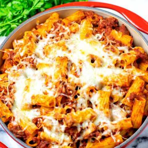 View of the casserole dish with the Pasta Al Forno fresh out of the oven.