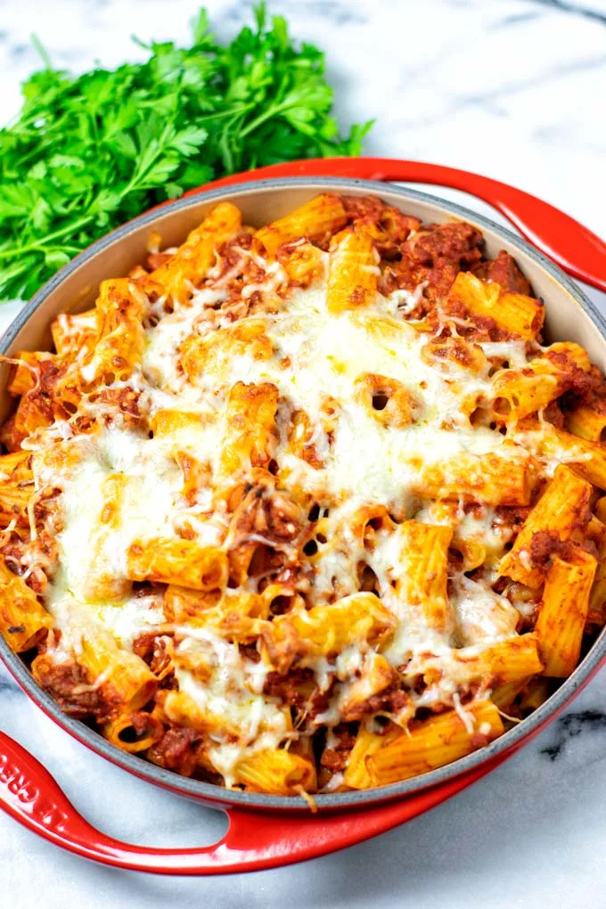 View of the casserole dish with the Pasta Al Forno fresh out of the oven.