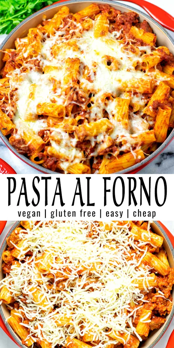 Collage of two pictures of the Pasta Al Forno with recipe title text.