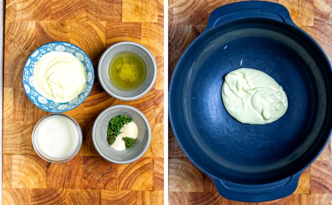 Ingredients for the Ranch Dressing collected on a wooden board.