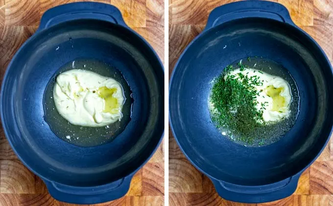 A large dark bowl with vegan mayo, pickle juice and herbs. 