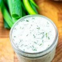 Closeup of the Ranch Dressing in a jar.