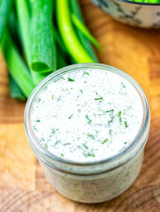 Closeup of the Ranch Dressing in a jar.