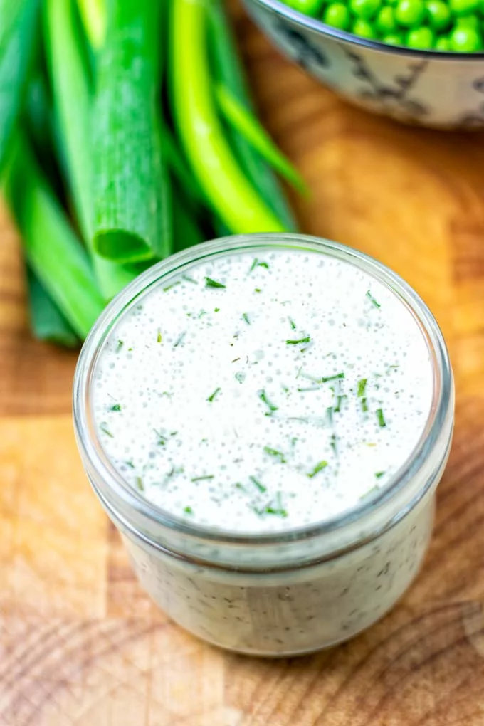Closeup of the Ranch Dressing in a jar.