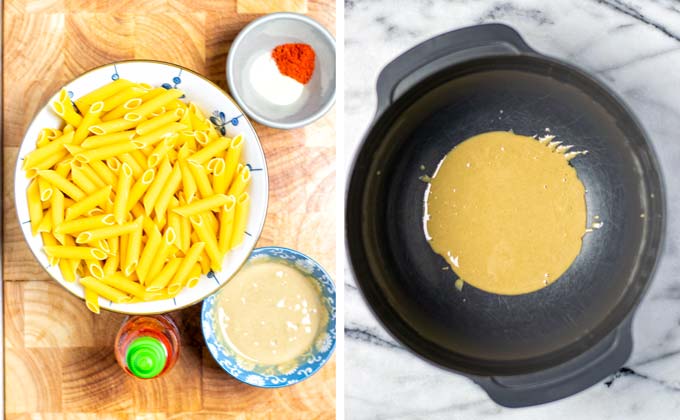 Ingredients needed to make the Sriracha Noodles on a wooden board.