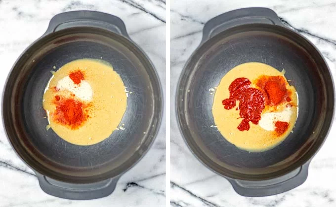 Showing how tahini, spices, and sriracha are being combined in a large bowl.