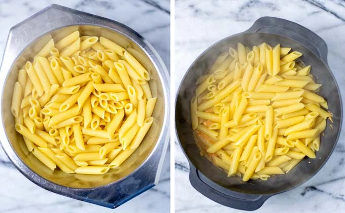 Cooked pasta is mixed with the sauce in a large bowl.