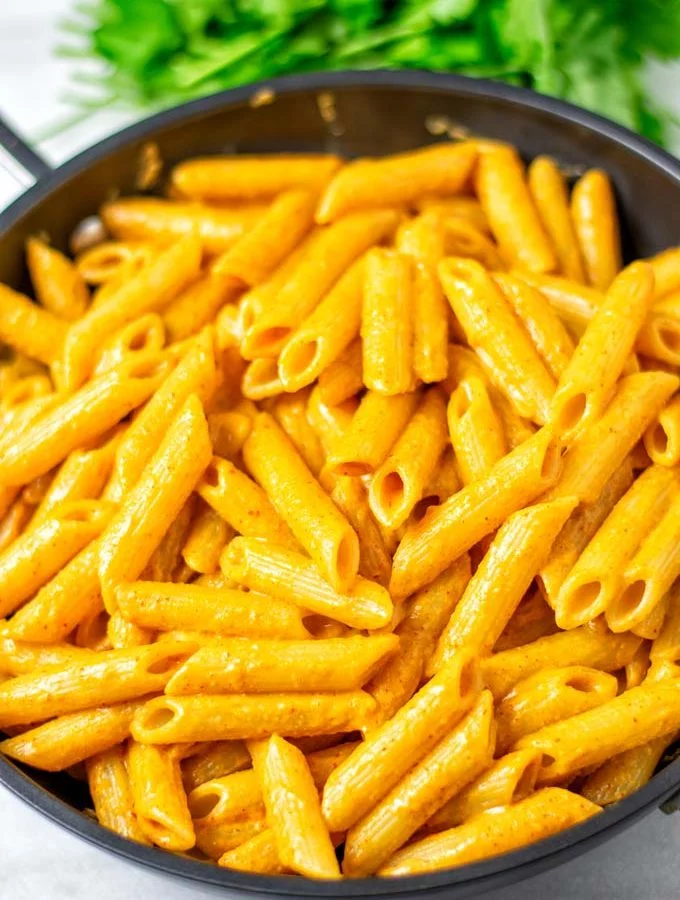 Closeup of the Sriracha Noodles in a pan for serving.