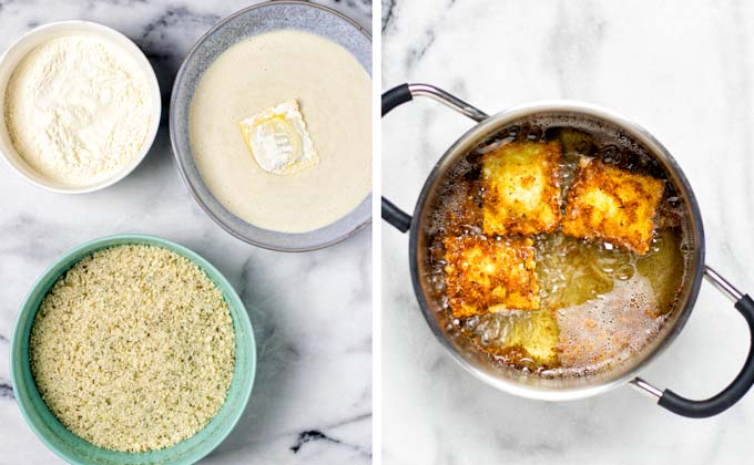 Showing how to coat the ravioli in cashew mix, flour, and cheesy breadcrumbs, then frying in oil.