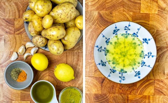 Ingredients for the Greek Lemon Potatoes collected on a wooden board.