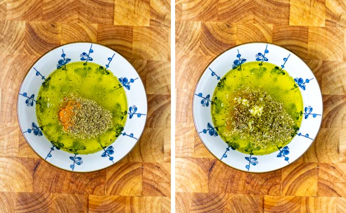 Spices are added to the bowl with oil and lemon juice.