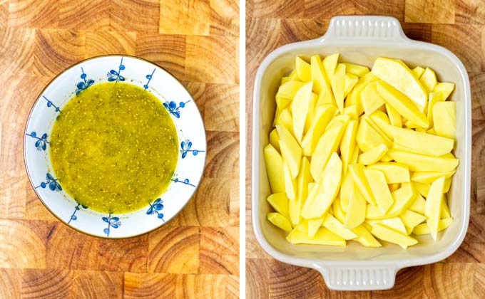 Potato wedges are in assembled in a baking dish.