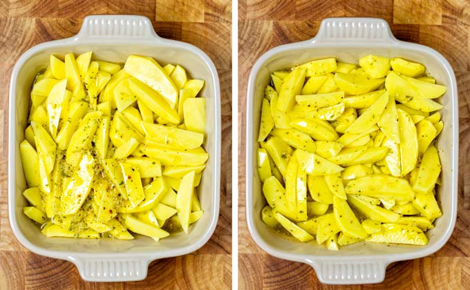 Showing how the lemon-oil sauce is mixed with the potato wedges.