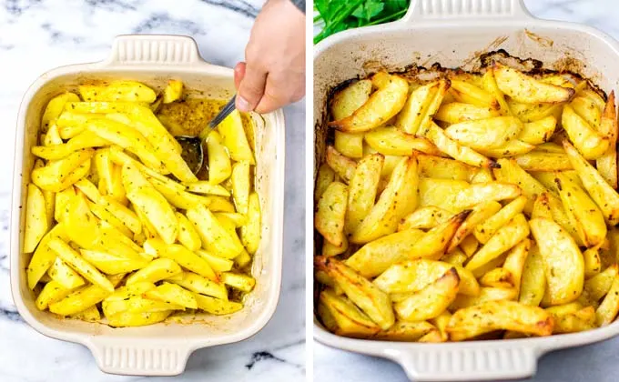 At half baking time, the baking dish with the Greek Lemon Potatoes are taken from the oven and mixed again with sauce.