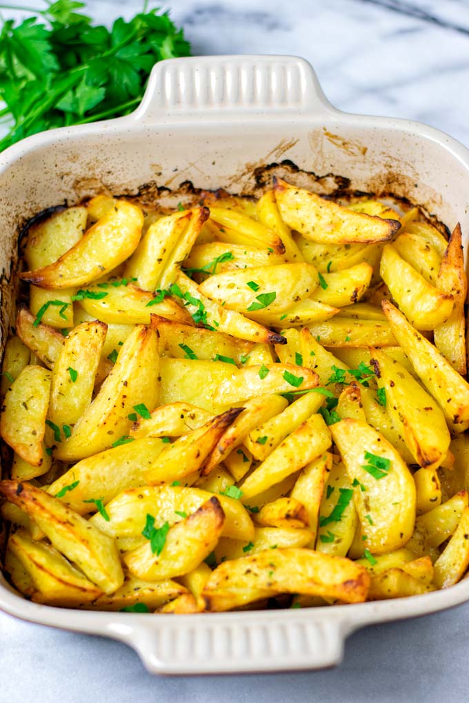 Top view of the ready Greek Lemon Potatoes after baking.