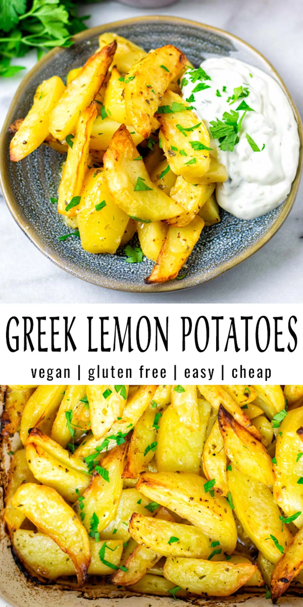 Collage of two pictures of the Greek Lemon Potatoes with recipe title text.
