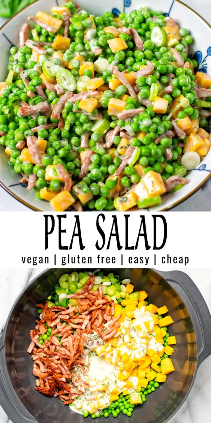 Collage of two pictures of the Pea Salad with recipe title text.