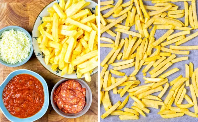 Ingredients for the Pizza Fries assembled on a wooden board.