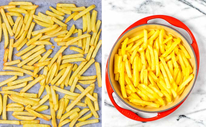 Fries are baked in the oven and transferred to a casserole dish.