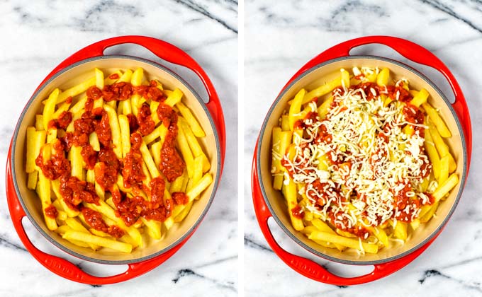 Showing how marinara sauce and a some vegan mozzarella are given over the fries in the casserole dish. 