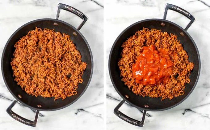 Vegan ground beef is fried in a pan and mixed with crushed tomatoes.