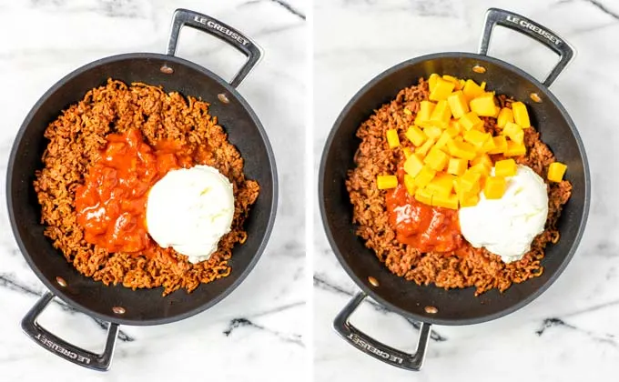 Vegan cream cheese and vegan cheddar cubes are added to the frying pan with the ground beef.