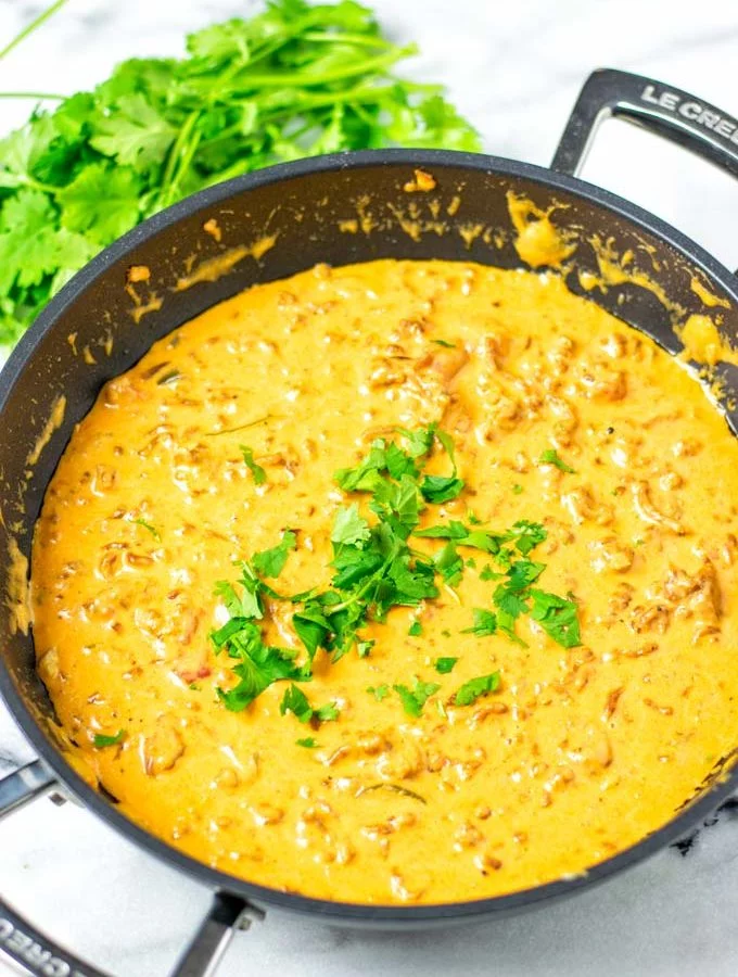 View on the ready Rotel Dip with fresh cilantro garnish.