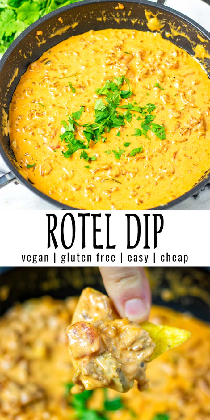 Collage of two pictures of the Rotel Dip with recipe title text.