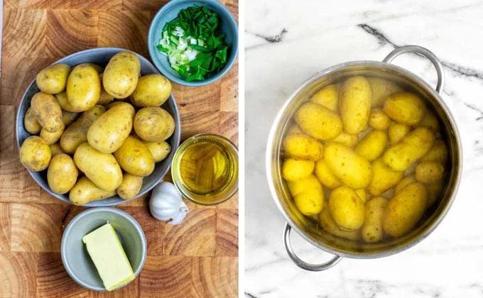 Ingredients for the Smashed Potatoes assembled on a wooden board.