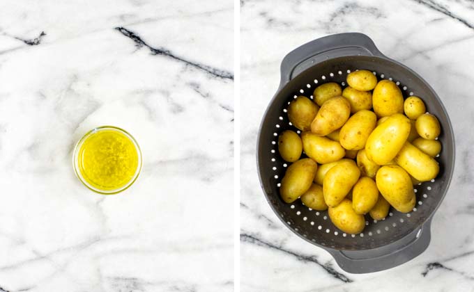 Showing the cooked potatoes in a colander.